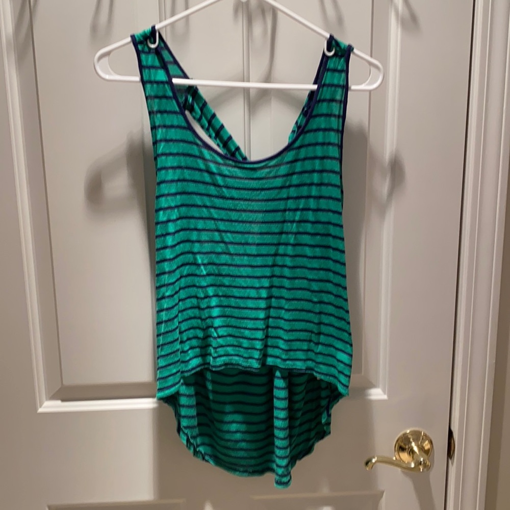 green and navy blue striped tank with open and knot in the back, size small/med